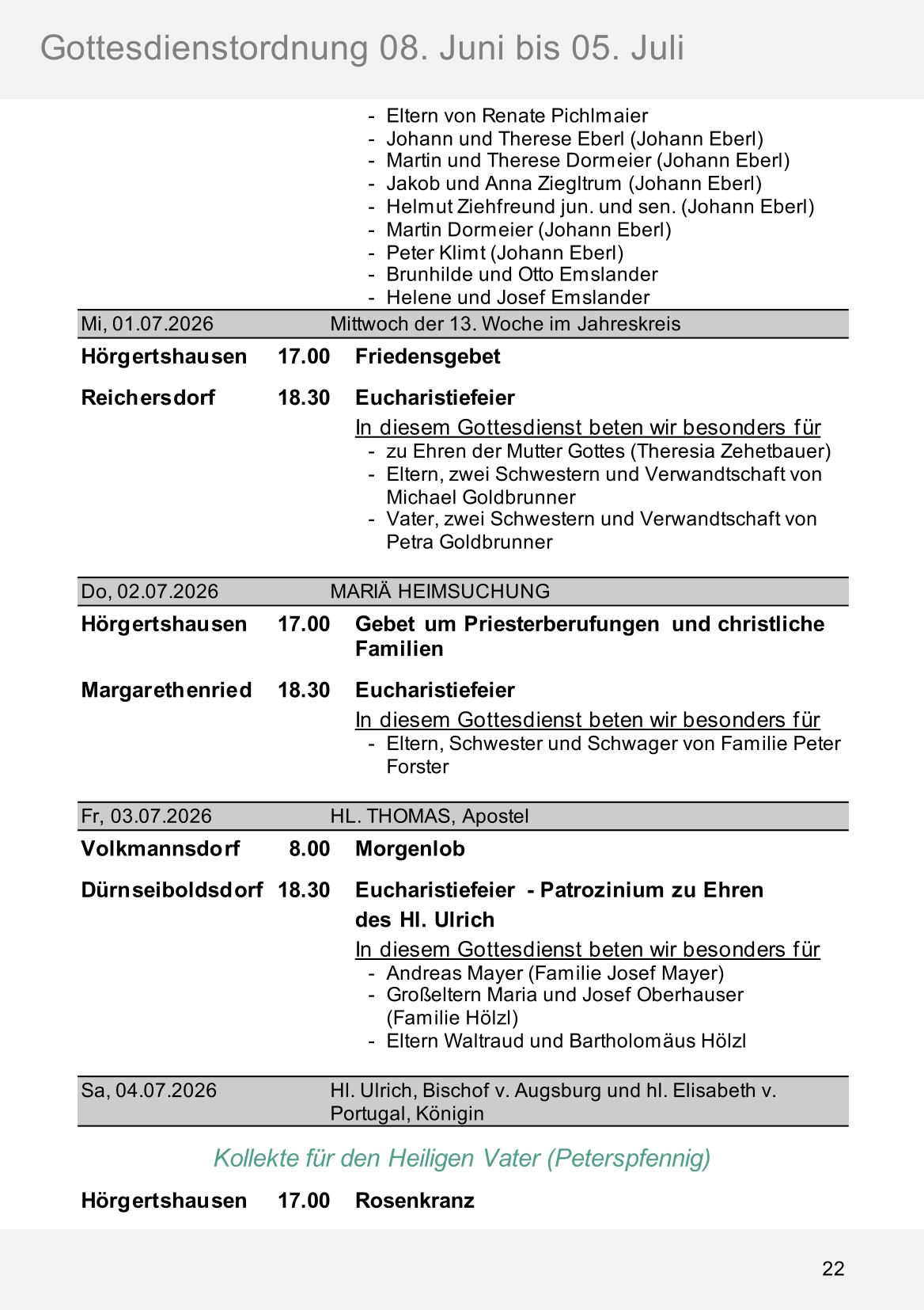 Pfarrblatt für die Pfarrverbände Hörgertshausen-Gammelsdorf und Mauern 08.Juni bis 05.Juli 2026 Seite 22