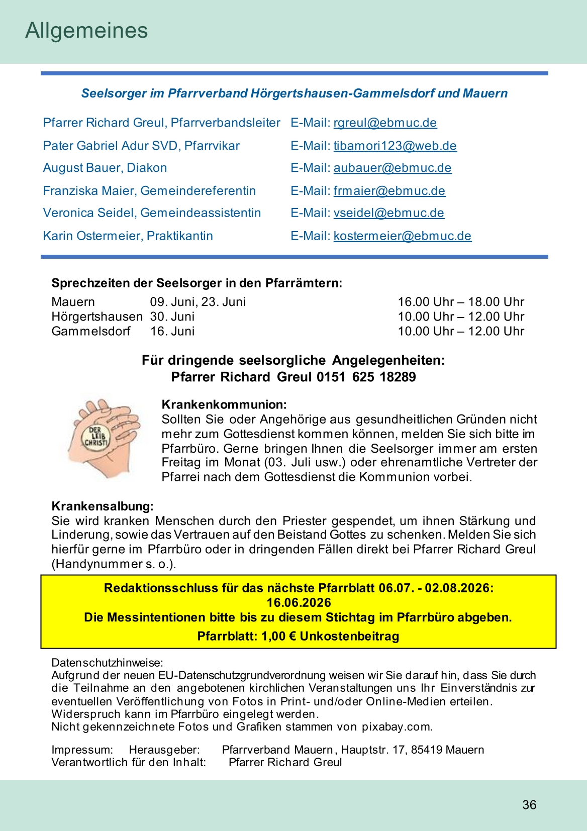 Pfarrblatt für die Pfarrverbände Hörgertshausen-Gammelsdorf und Mauern 08.Juni bis 05.Juli 2026 Seite 36