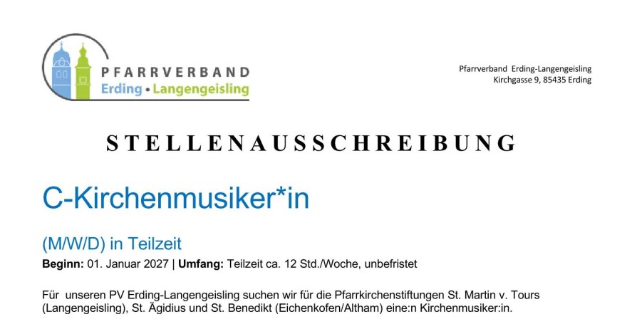 S T E L L E N A U S S C H R E I B U N G<br/>C-Kirchenmusiker*in 1
