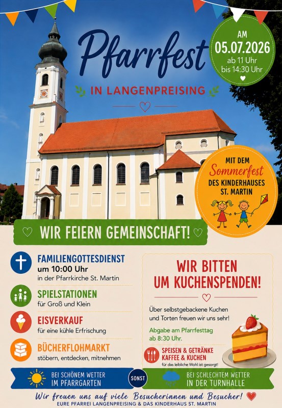 Einladung zum Pfarrfest und Sommerfest des Kinderhauses am 5. Juli 2026 von 11:00 bis 14:30 Uhr im Pfarrgarten in Langenpreising