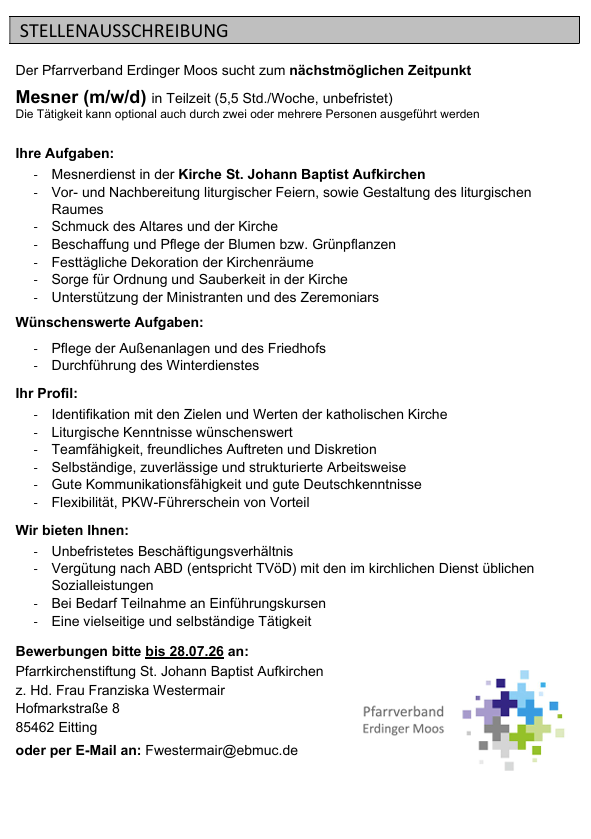 Stellenausschreibung Mesner m.w.d für Aufkirchen