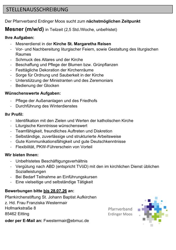 Stellenausschreibung Mesner m.w.d für Reisen