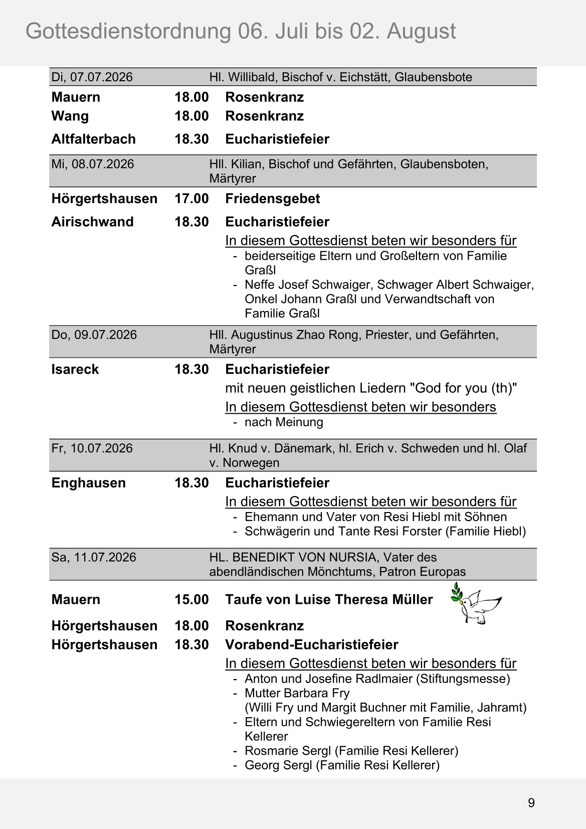 Pfarrblatt für die Pfarrverbände Hörgertshausen-Gammelsdorf und Mauern 06.Juli bis 02.August 2026 Seite 09
