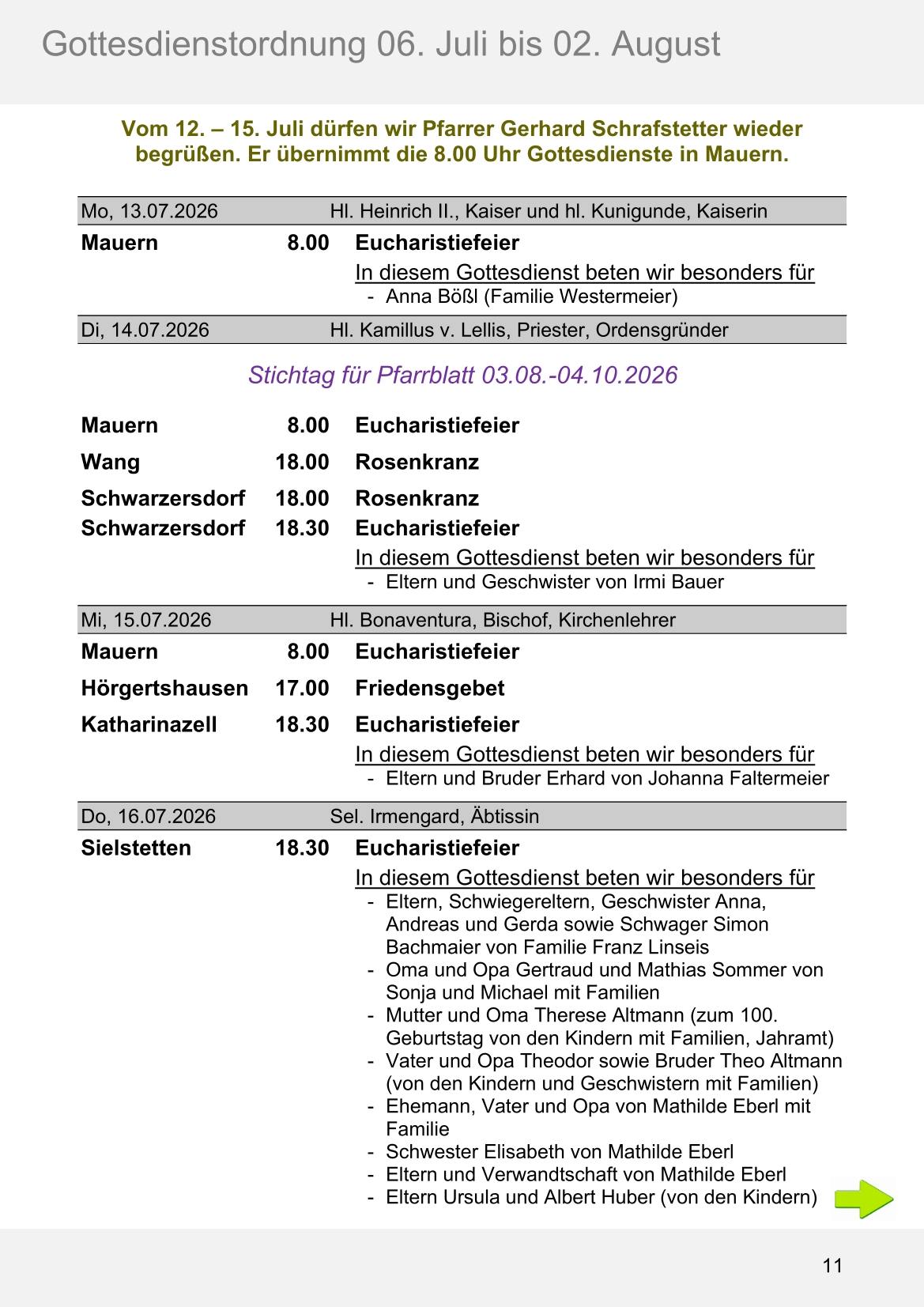 Pfarrblatt für die Pfarrverbände Hörgertshausen-Gammelsdorf und Mauern 06.Juli bis 02.August 2026 Seite 11