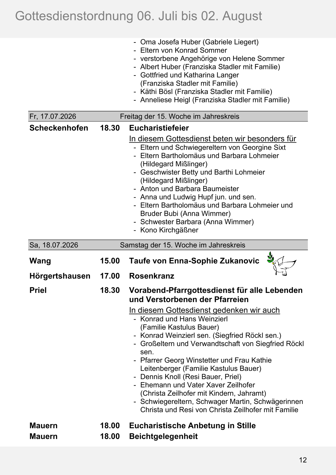 Pfarrblatt für die Pfarrverbände Hörgertshausen-Gammelsdorf und Mauern 06.Juli bis 02.August 2026 Seite 12