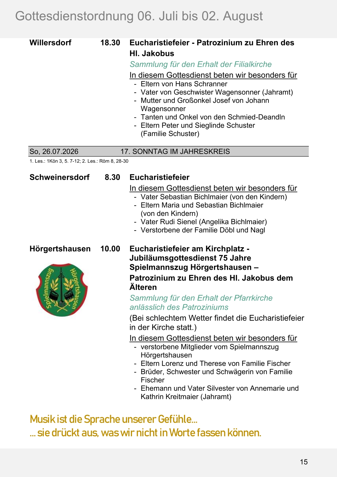 Pfarrblatt für die Pfarrverbände Hörgertshausen-Gammelsdorf und Mauern 06.Juli bis 02.August 2026 Seite 15