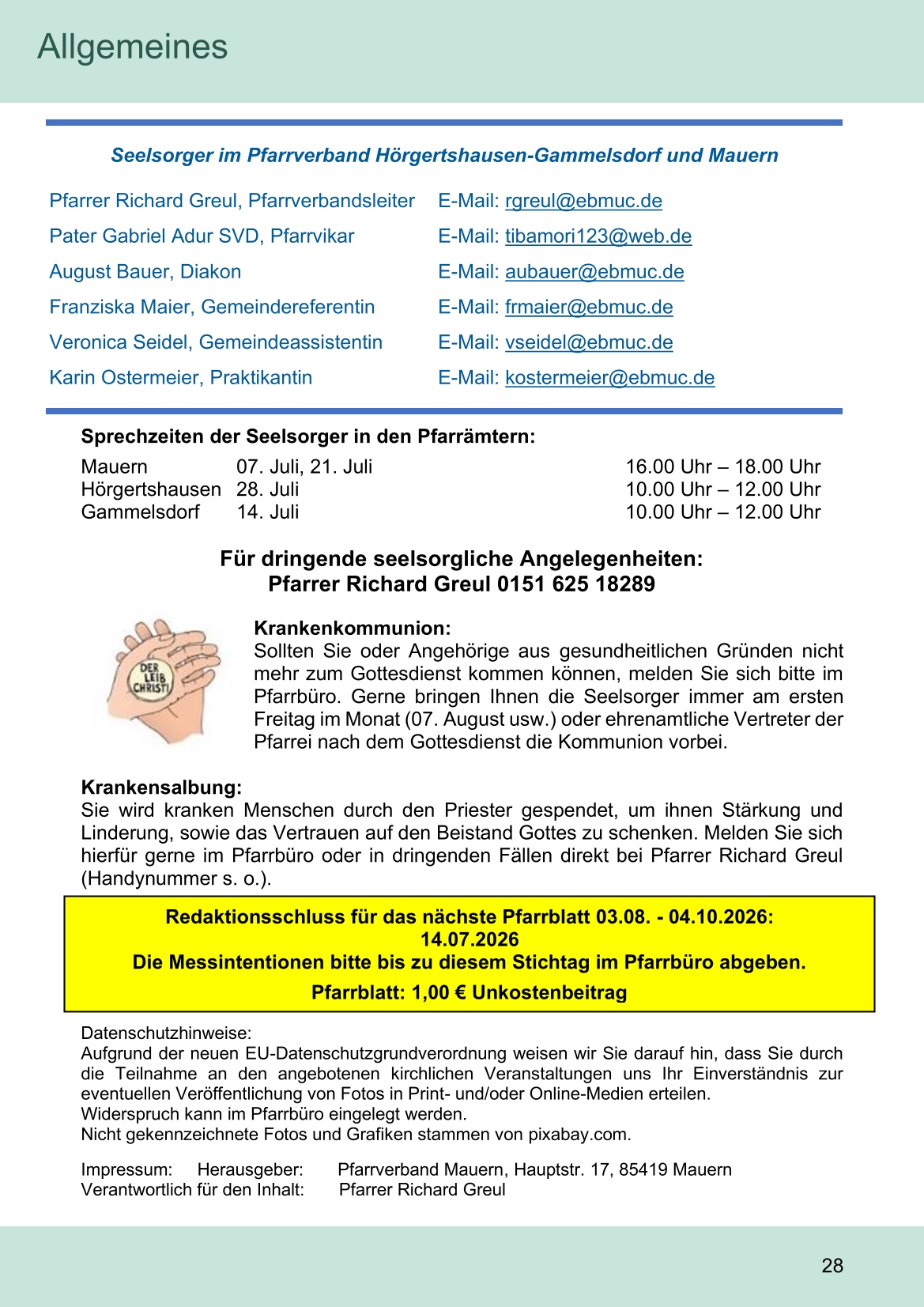 Pfarrblatt für die Pfarrverbände Hörgertshausen-Gammelsdorf und Mauern 06.Juli bis 02.August 2026 Seite 28