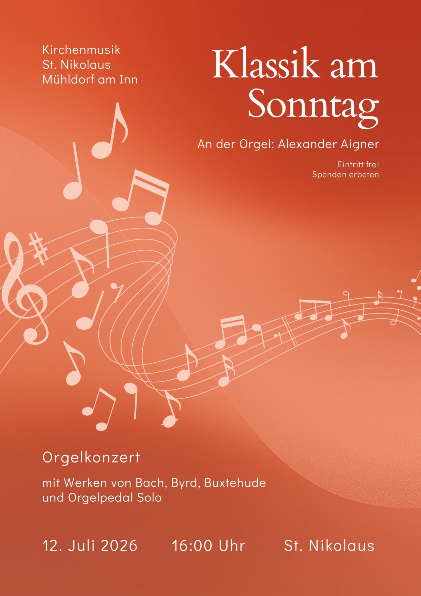 Orgelkonzert am 12. Juli 2026 um 16 Uhr in St. Nikolaus