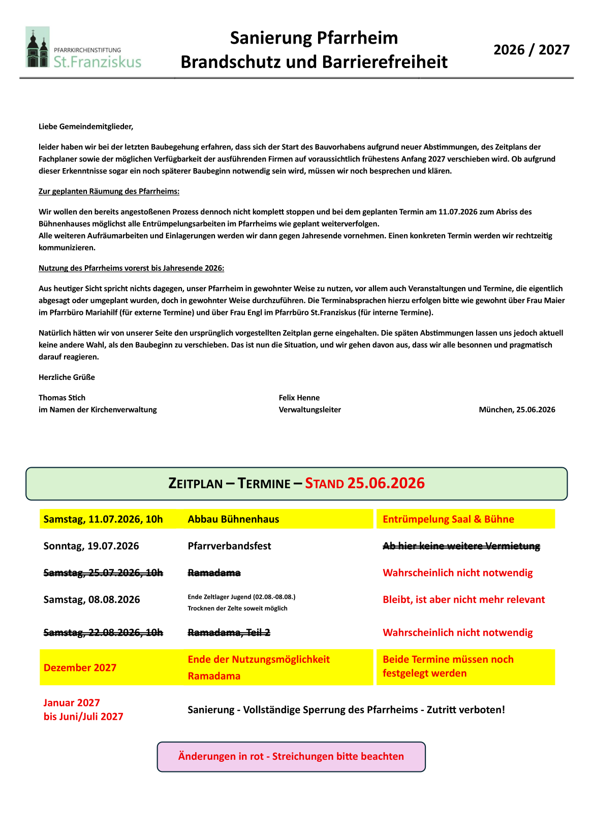 Neuer Zeitplan der Pfarrheim Sanierung