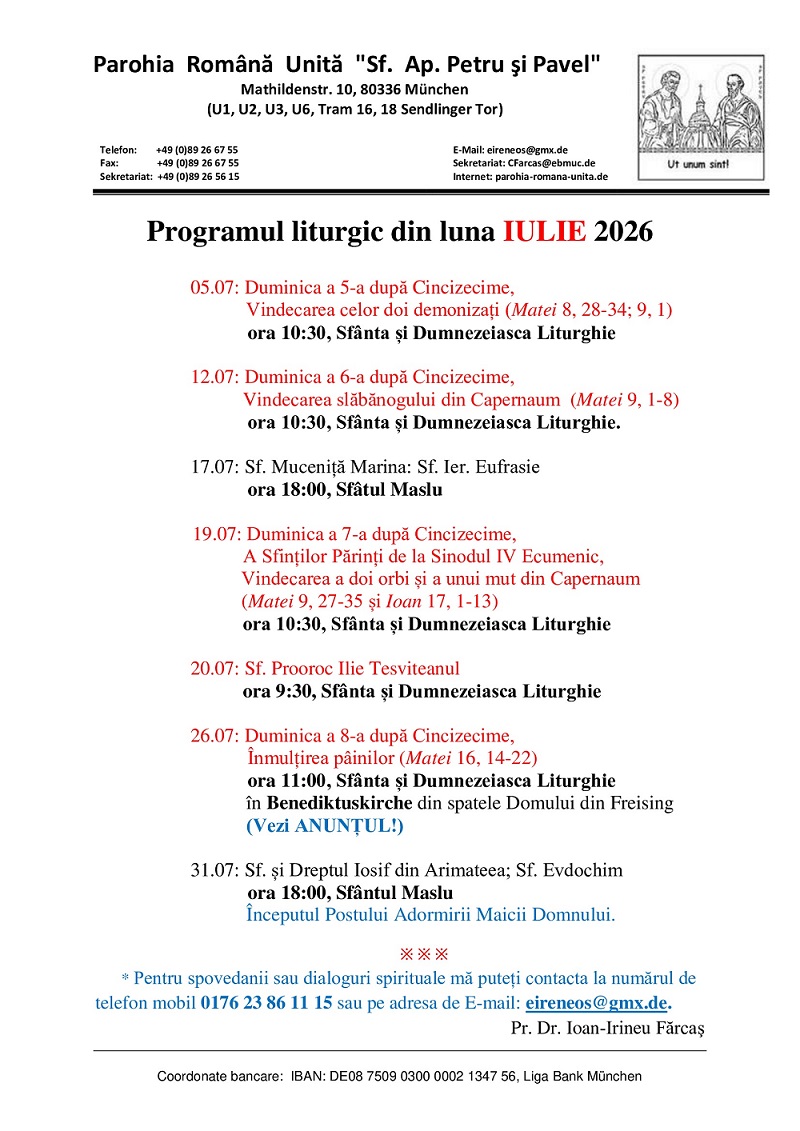 Program liturgic iulie