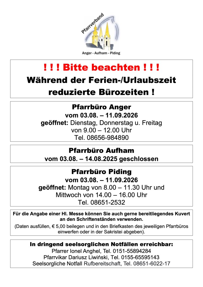 Bürozeiten während der Ferien-Urlaubszeit