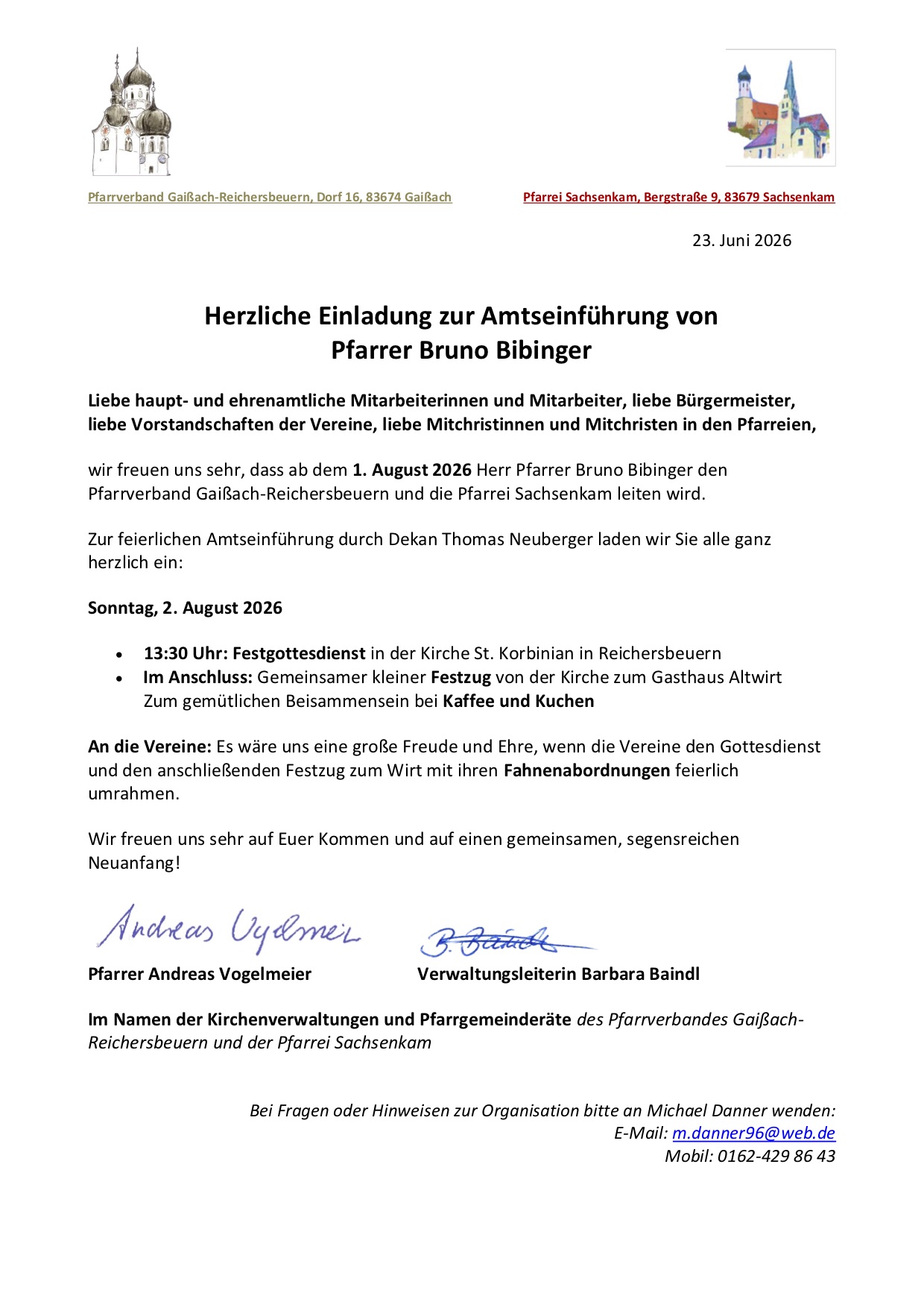 Einladung zur Amtseinführung von Pfarrer Bruno Bibinger