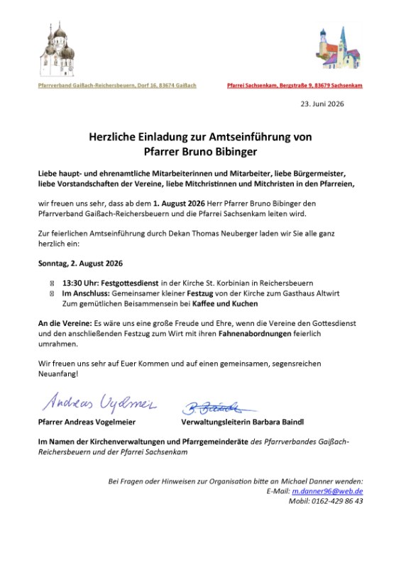 Einladung zur Installation von Pfr. Bruno Bibinger