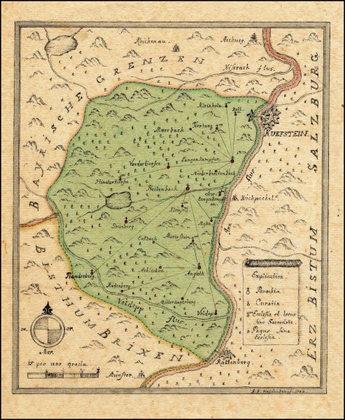 Freisinger Diözesangebiet in Tirol. Kolorierte Federzeichnung von J.K. Heydenkampf, 1782