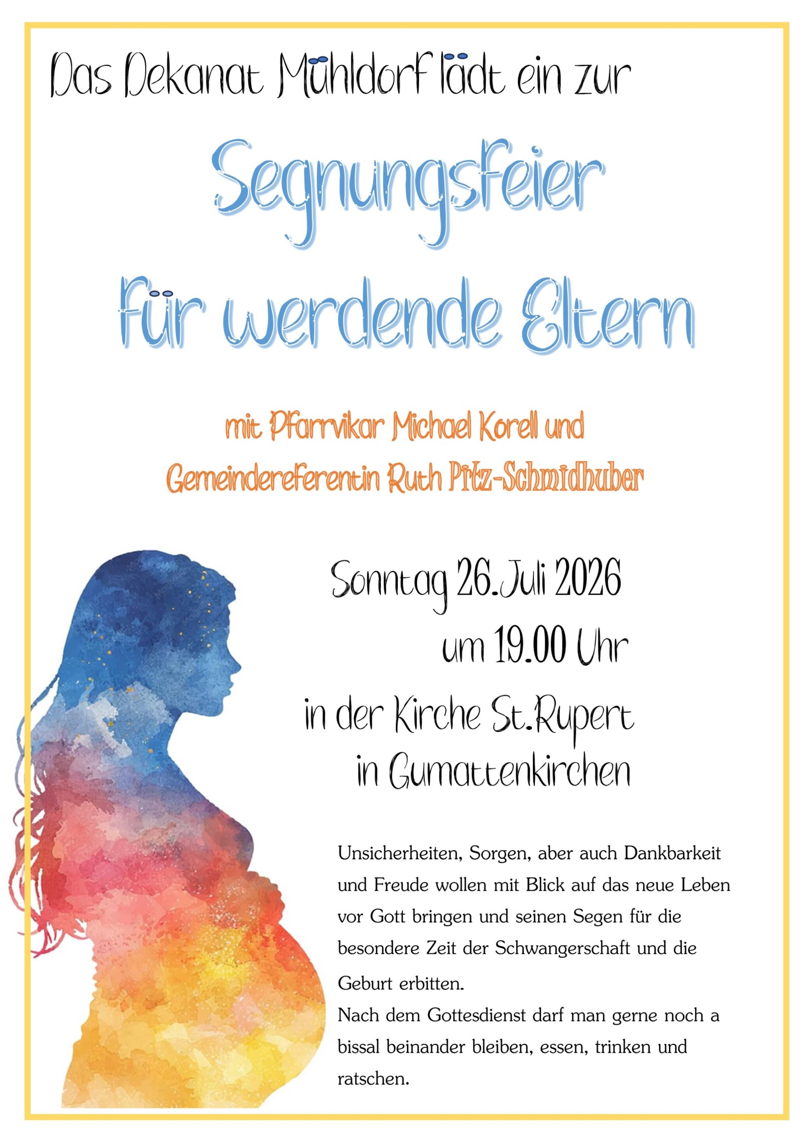 Einladung Gottesdienst für werdende Eltern 26. Juli 2026 um 19 Uhr in St. Ruprecht, Gumattenkirchen