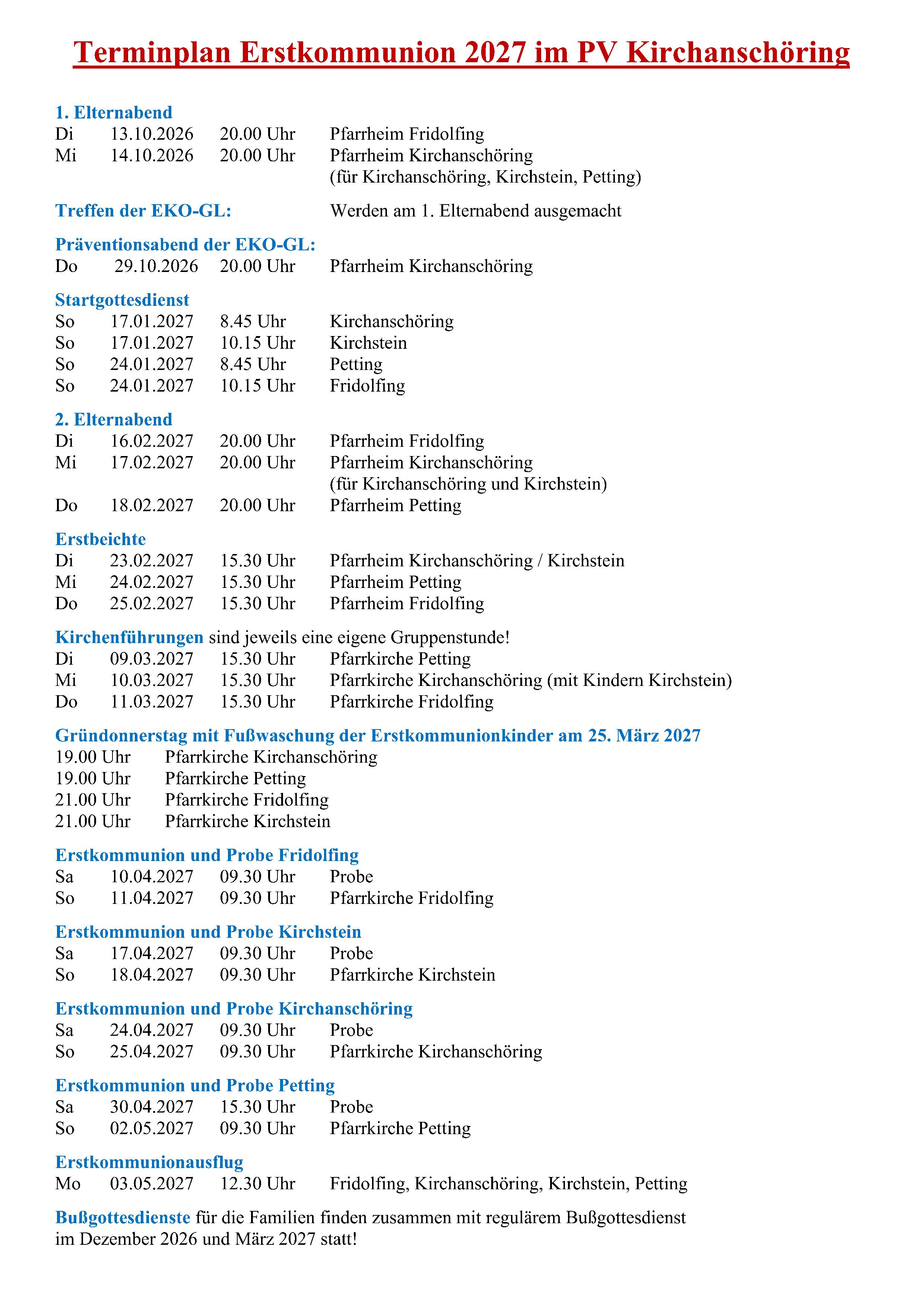 Terminplan Erstkommunion 2027