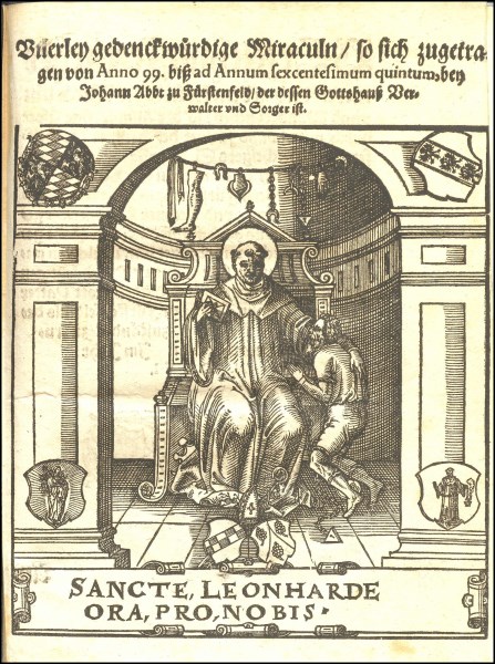 Titelseite des Mirakelbuchs der Leonhard-Wallfahrt von Inchenhofen, 1606