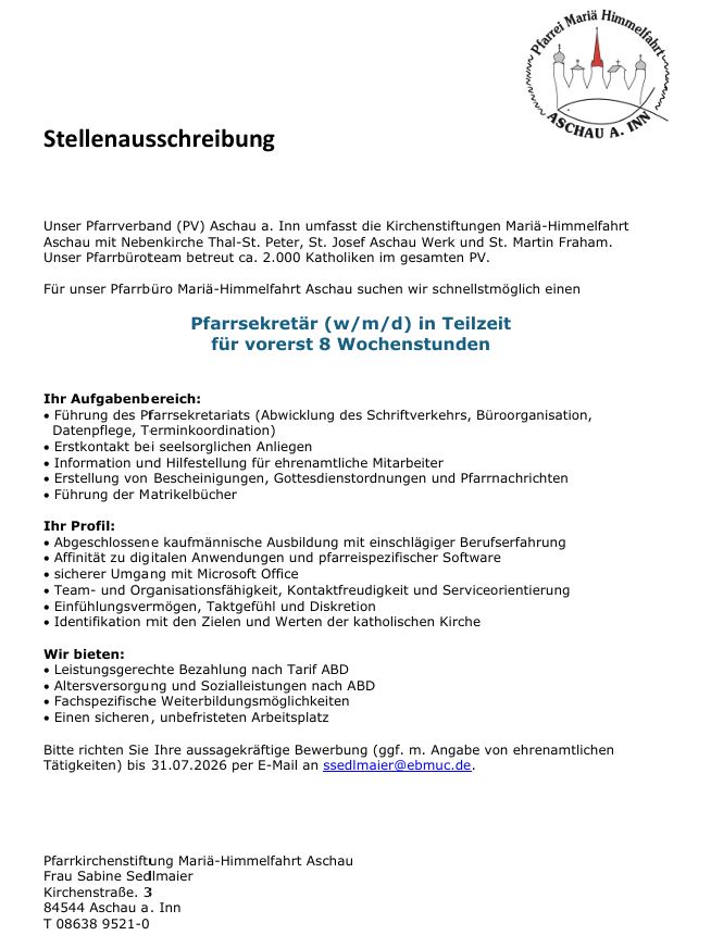 Stellenausschreibung_Pfarrbüro Aschau