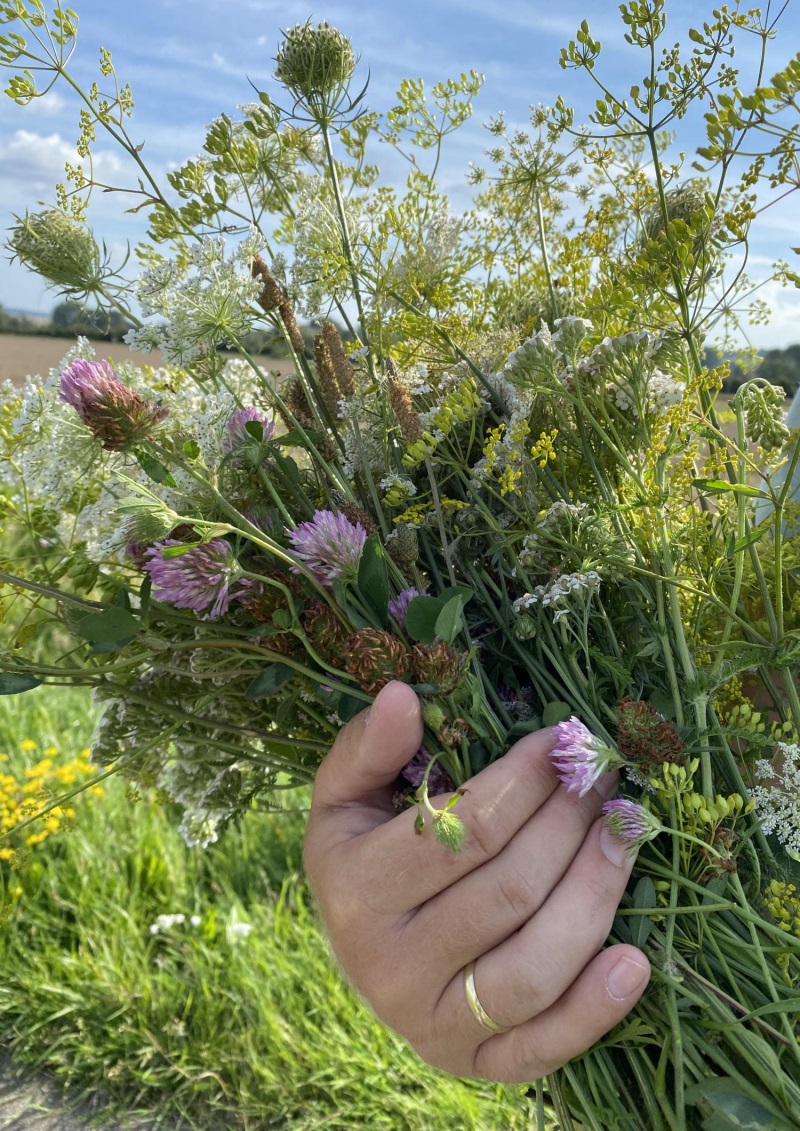 Hand hält bunten Wildblumenstrauß vor grünem Feld und blauem Himmel.