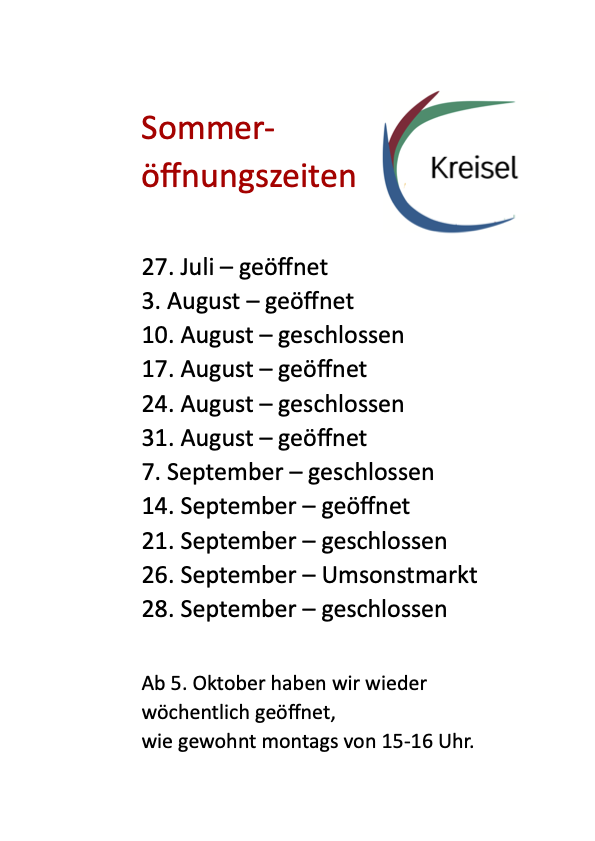 Sommeröffnungszeiten 2026 Kreisel