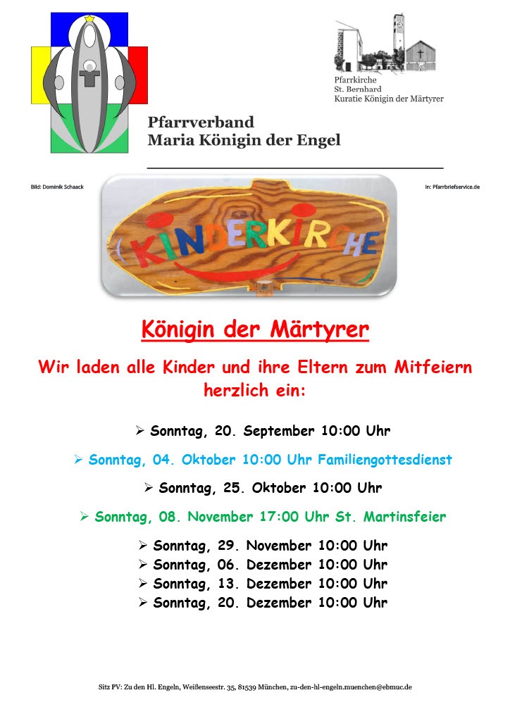 Einladung zur Kinderkirche in Königin der Märtyrer von Sep. bis Dez.