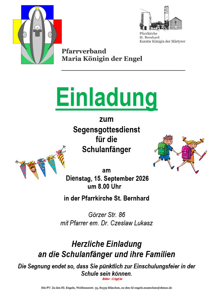 Einladung zum Segensgottesdienst für Schulanfänger in St. Bernhard
