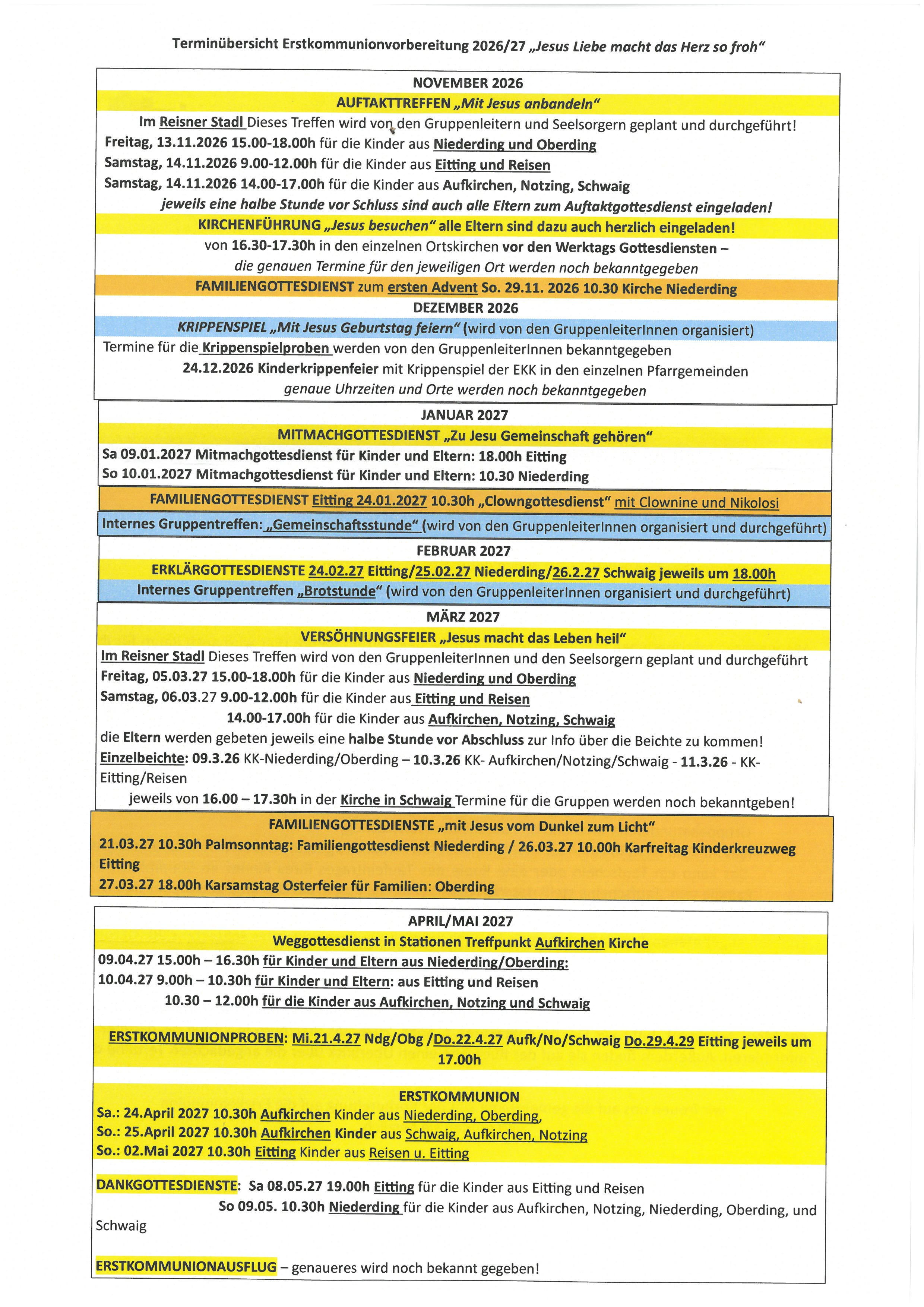 Terminübersicht Erstkommunion
