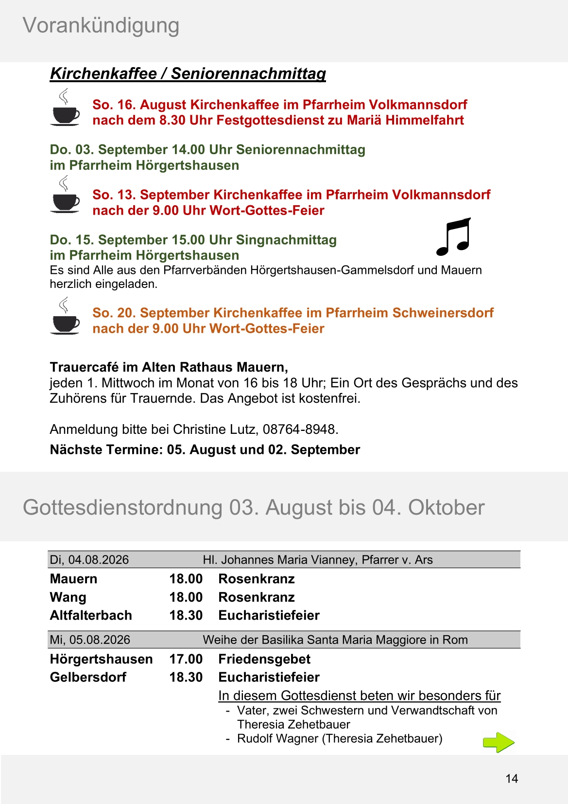 Pfarrblatt für die Pfarrverbände Hörgertshausen-Gammelsdorf und Mauern 03.August bis 04.Oktober 2026 Seite 14