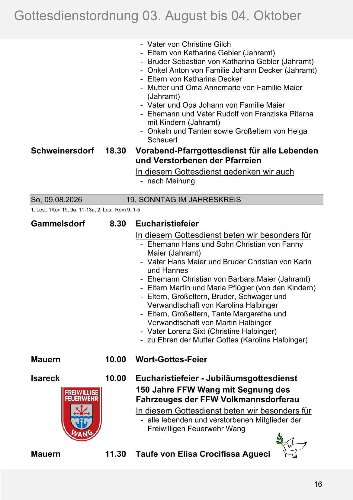 Pfarrblatt für die Pfarrverbände Hörgertshausen-Gammelsdorf und Mauern 03.August bis 04.Oktober 2026 Seite 16