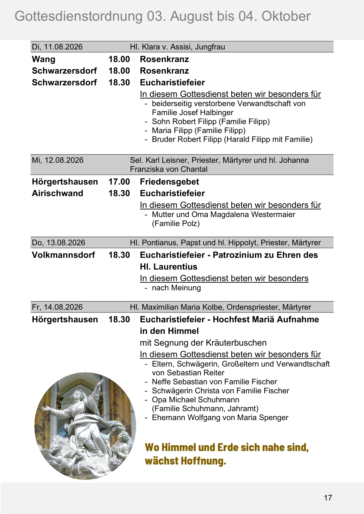 Pfarrblatt für die Pfarrverbände Hörgertshausen-Gammelsdorf und Mauern 03.August bis 04.Oktober 2026 Seite 17