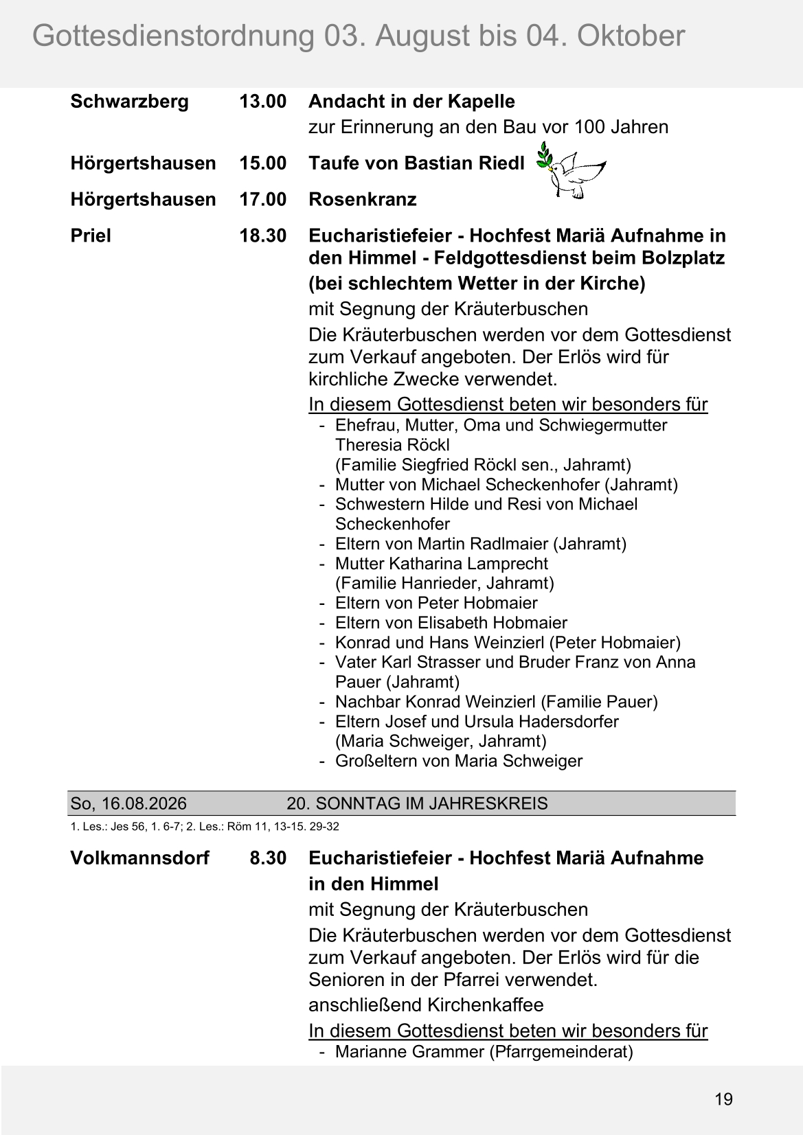 Pfarrblatt für die Pfarrverbände Hörgertshausen-Gammelsdorf und Mauern 03.August bis 04.Oktober 2026 Seite 19
