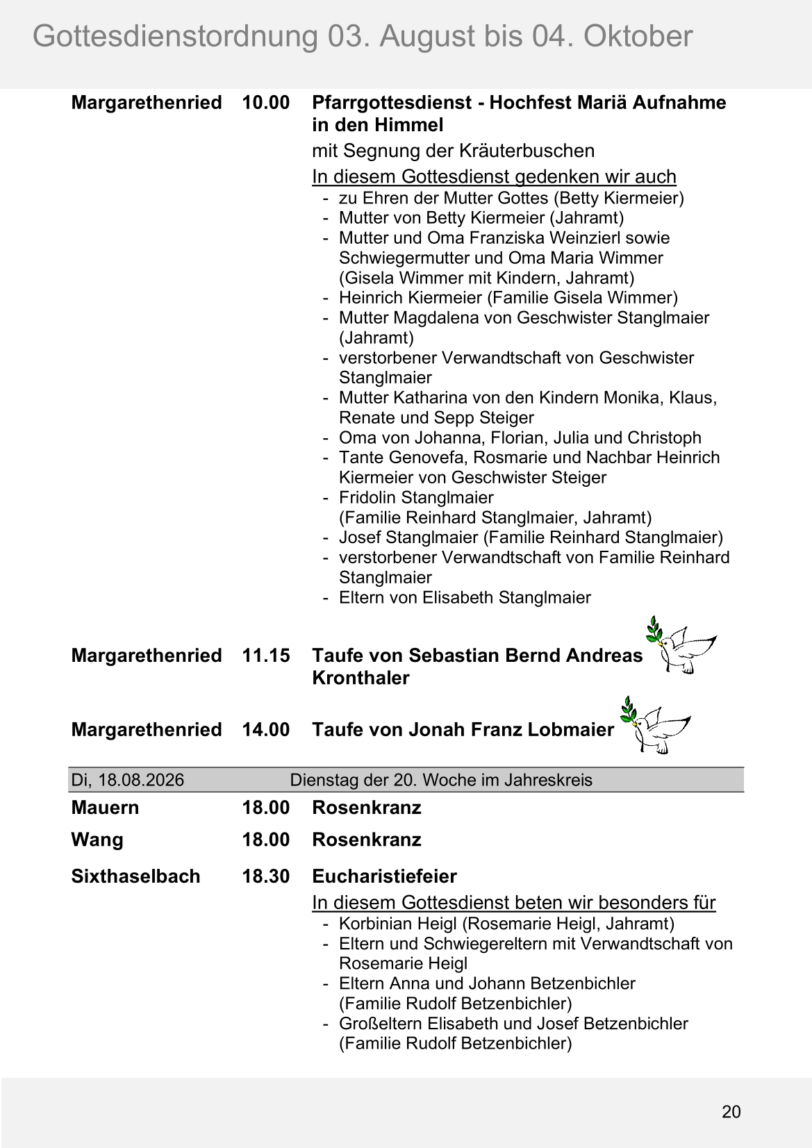 Pfarrblatt für die Pfarrverbände Hörgertshausen-Gammelsdorf und Mauern 03.August bis 04.Oktober 2026 Seite 20
