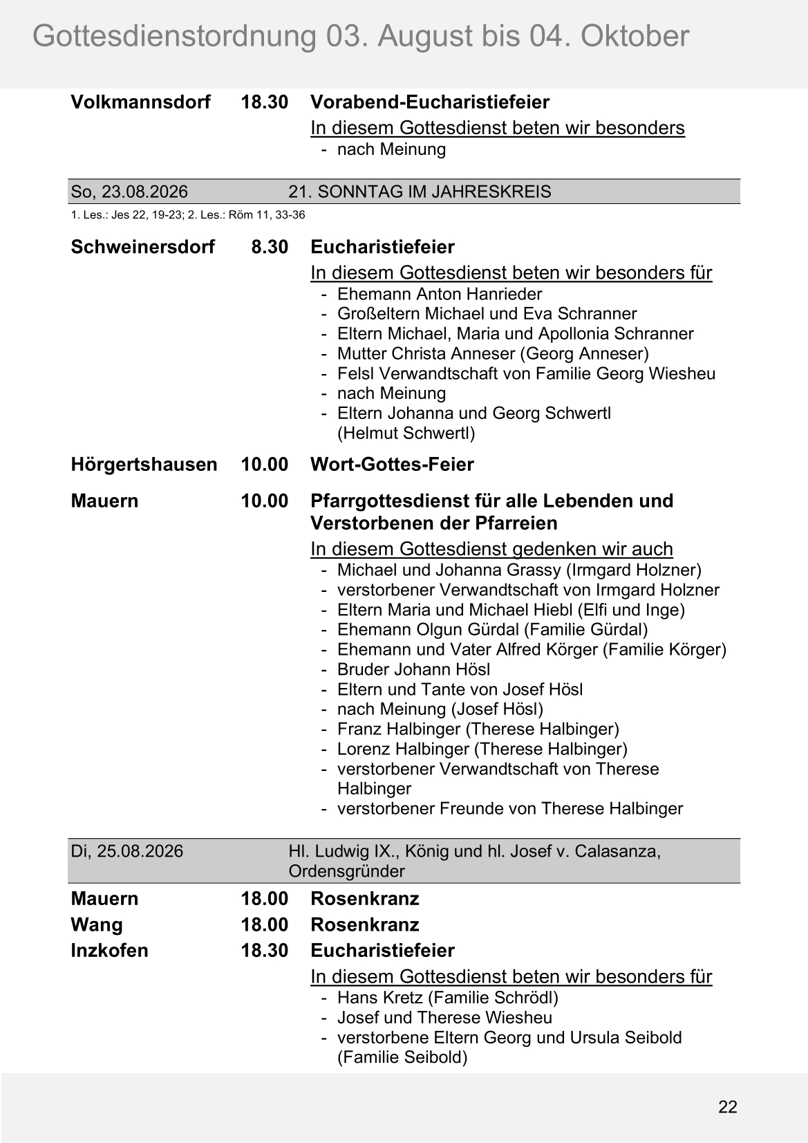 Pfarrblatt für die Pfarrverbände Hörgertshausen-Gammelsdorf und Mauern 03.August bis 04.Oktober 2026 Seite 22