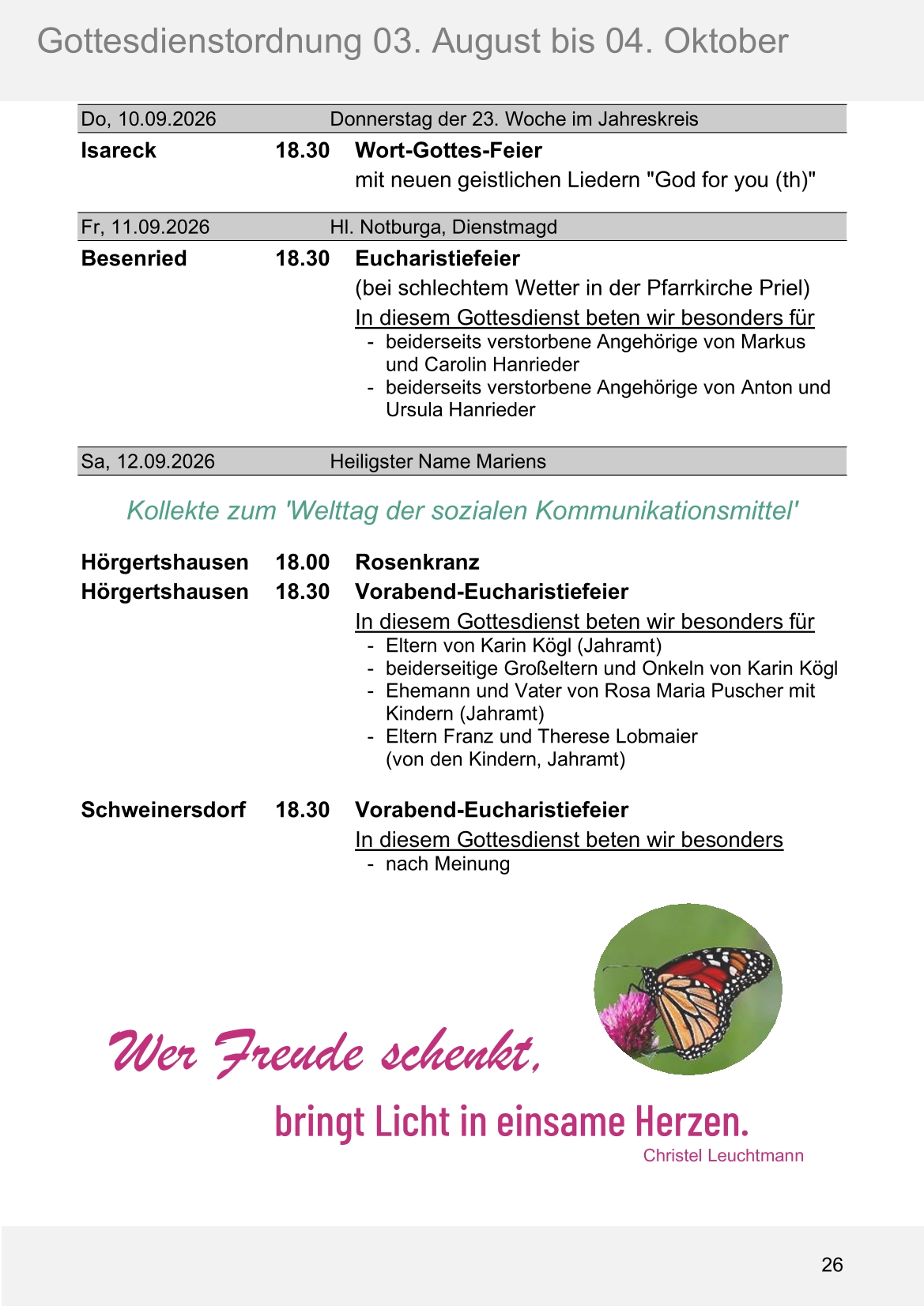 Pfarrblatt für die Pfarrverbände Hörgertshausen-Gammelsdorf und Mauern 03.August bis 04.Oktober 2026 Seite 26