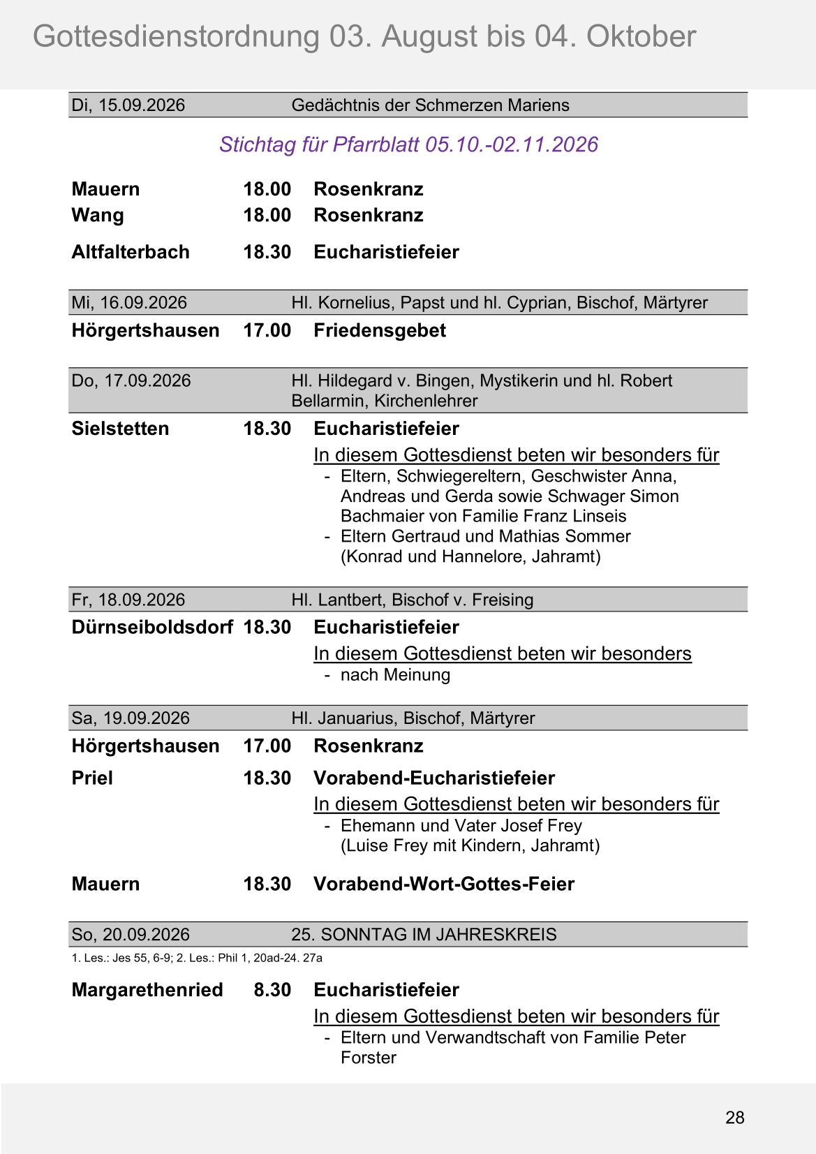 Pfarrblatt für die Pfarrverbände Hörgertshausen-Gammelsdorf und Mauern 03.August bis 04.Oktober 2026 Seite 28