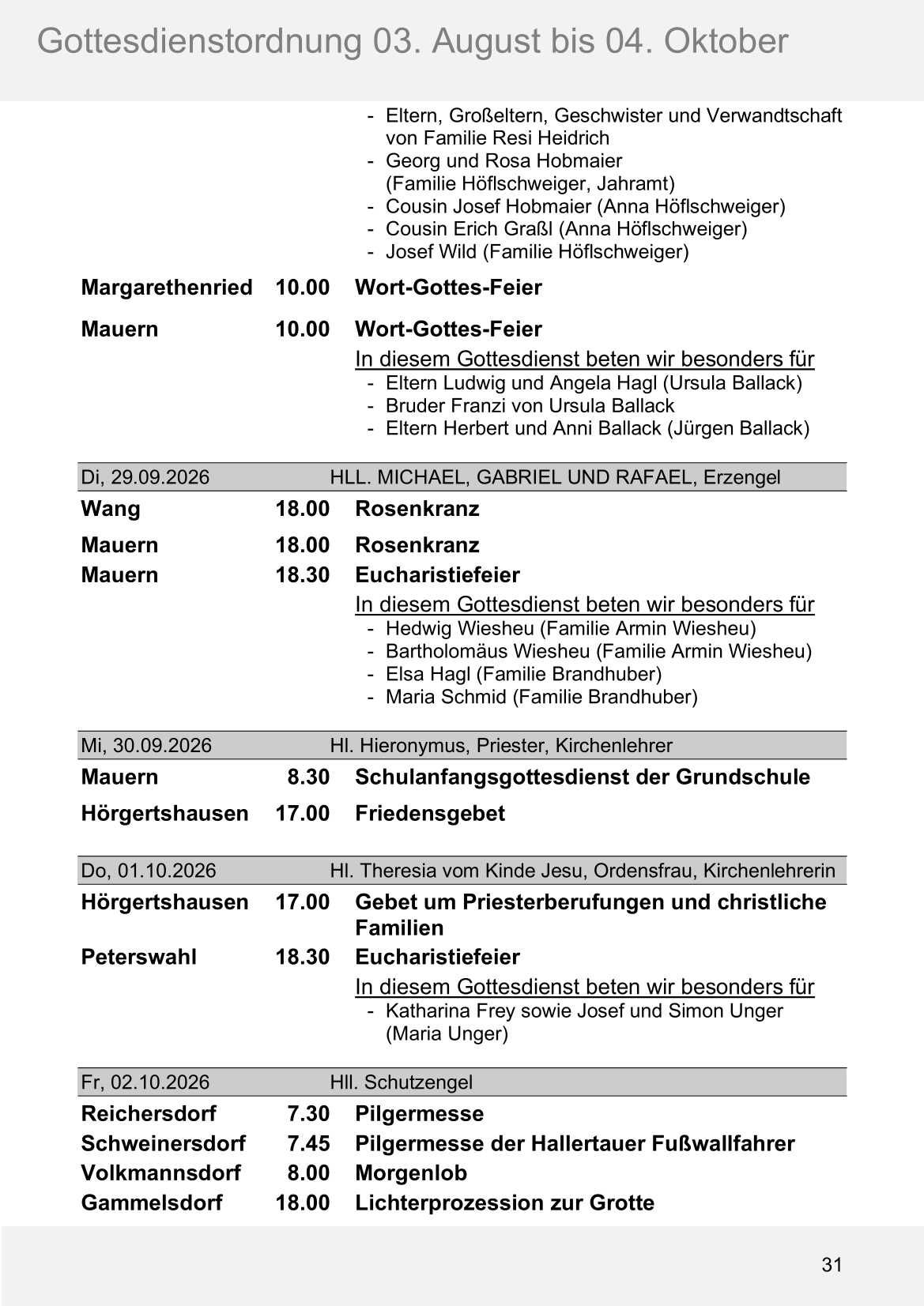 Pfarrblatt für die Pfarrverbände Hörgertshausen-Gammelsdorf und Mauern 03.August bis 04.Oktober 2026 Seite 31