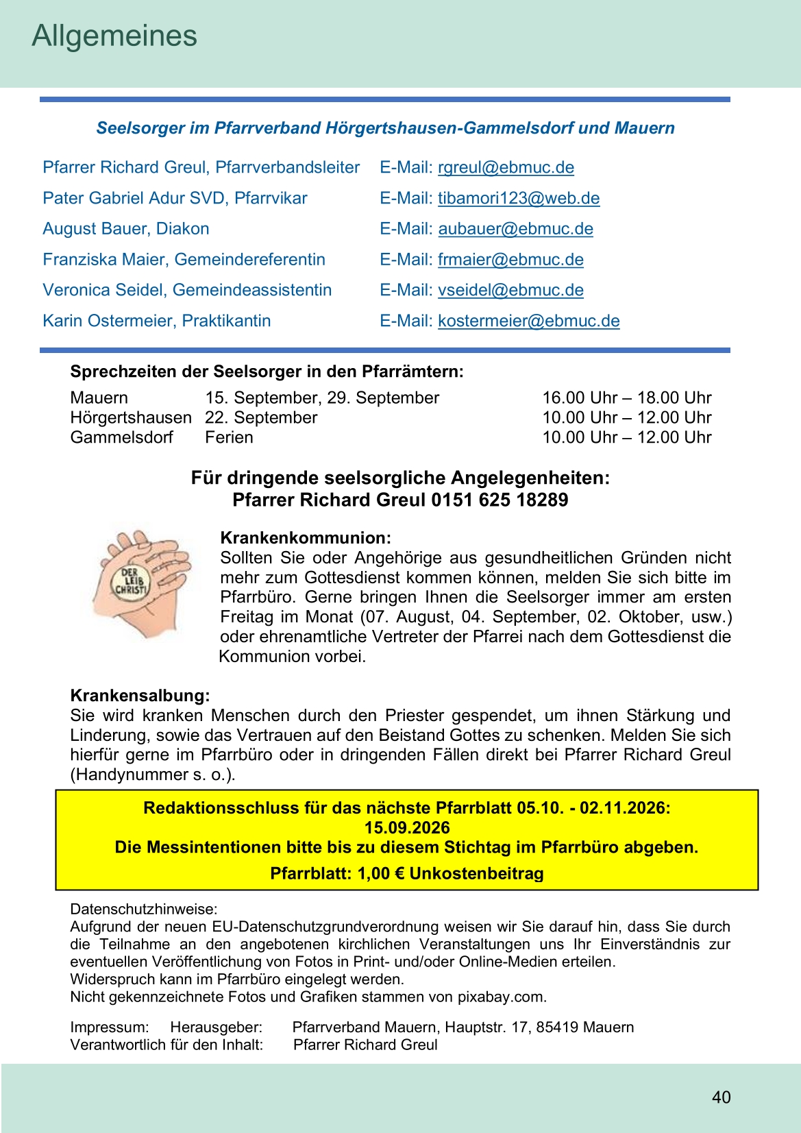 Pfarrblatt für die Pfarrverbände Hörgertshausen-Gammelsdorf und Mauern 03.August bis 04.Oktober 2026 Seite 40