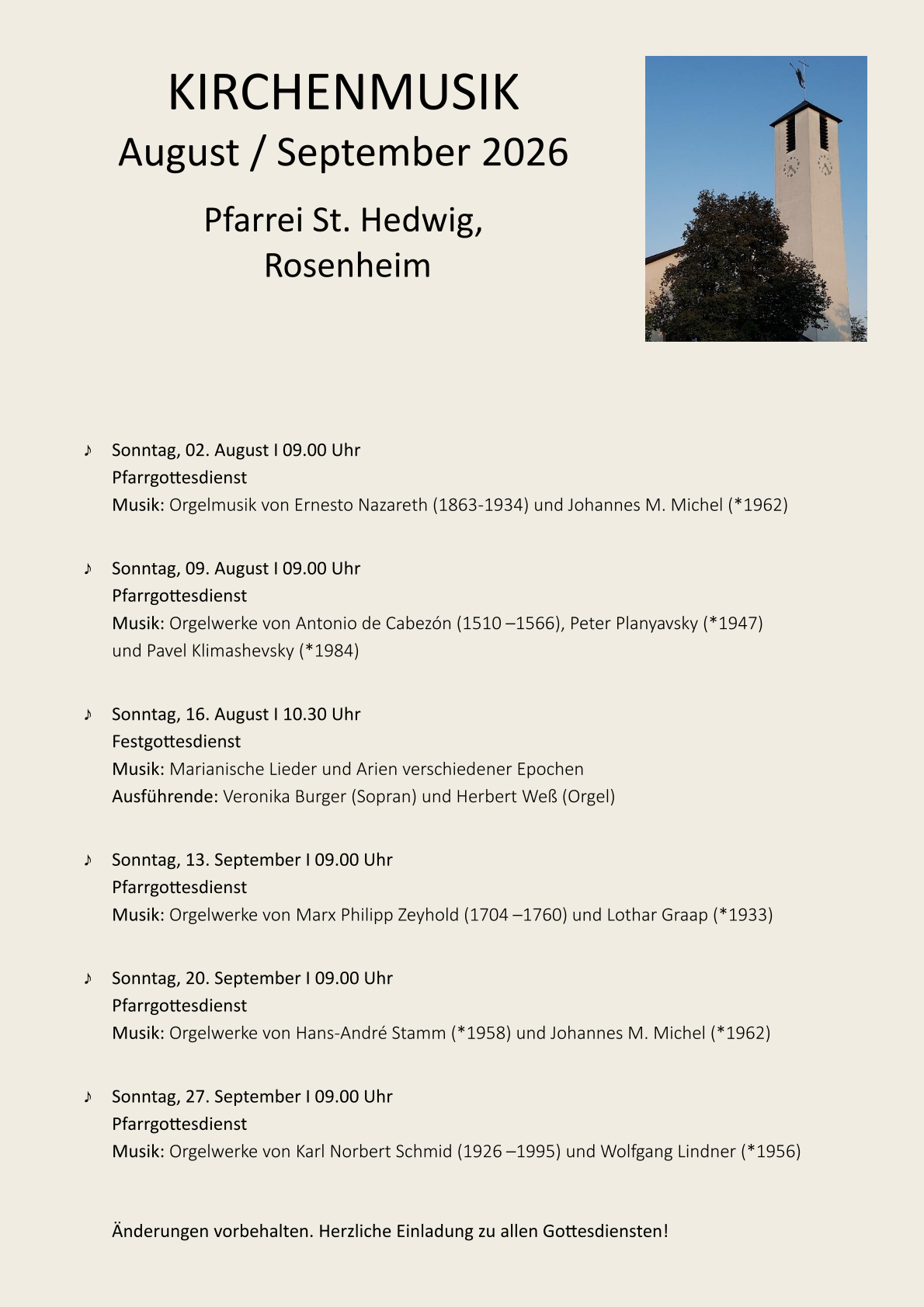 Unsere Kirchenmusik im August und September 2026