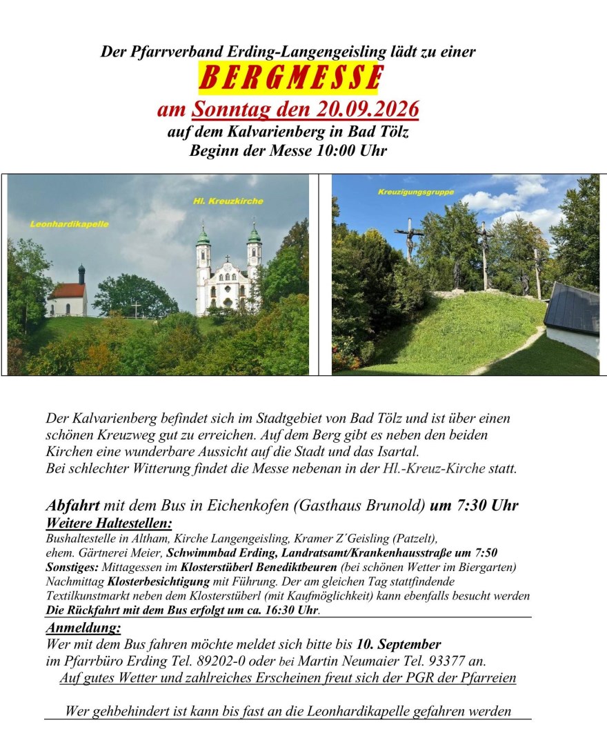 B E R G M E S S E<br/>am Sonntag den 20.09.2026<br/>auf dem Kalvarienberg in Bad Tölz