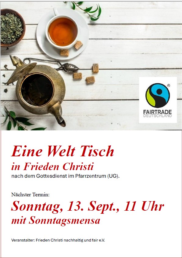 Einladung zum Eine-Welt-Tisch und zur Sonntagsmensa am 13. September 2026 in Frieden Christi
