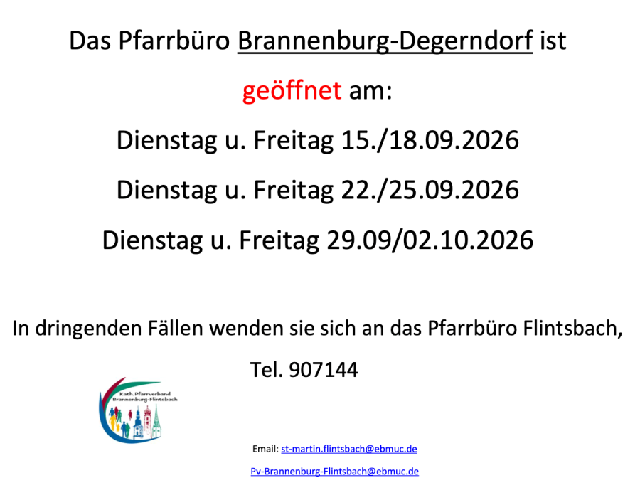Pfarrbüro Degerndorf September  2026
