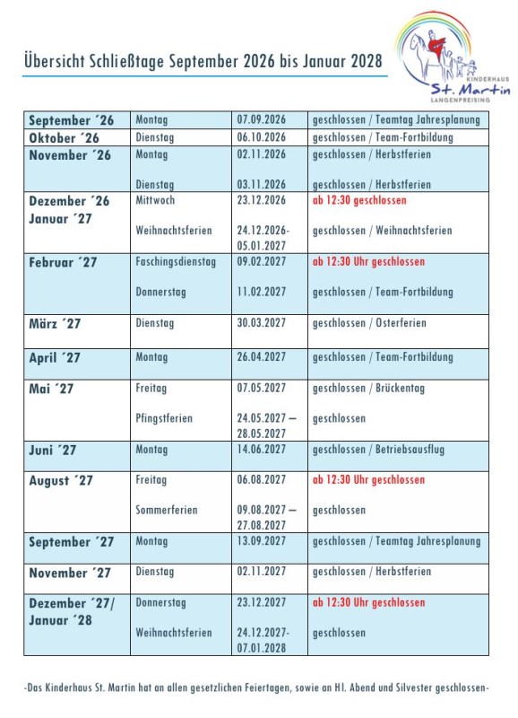 Überblicksliste der Schließtage von September 2026 bis Januar 2028