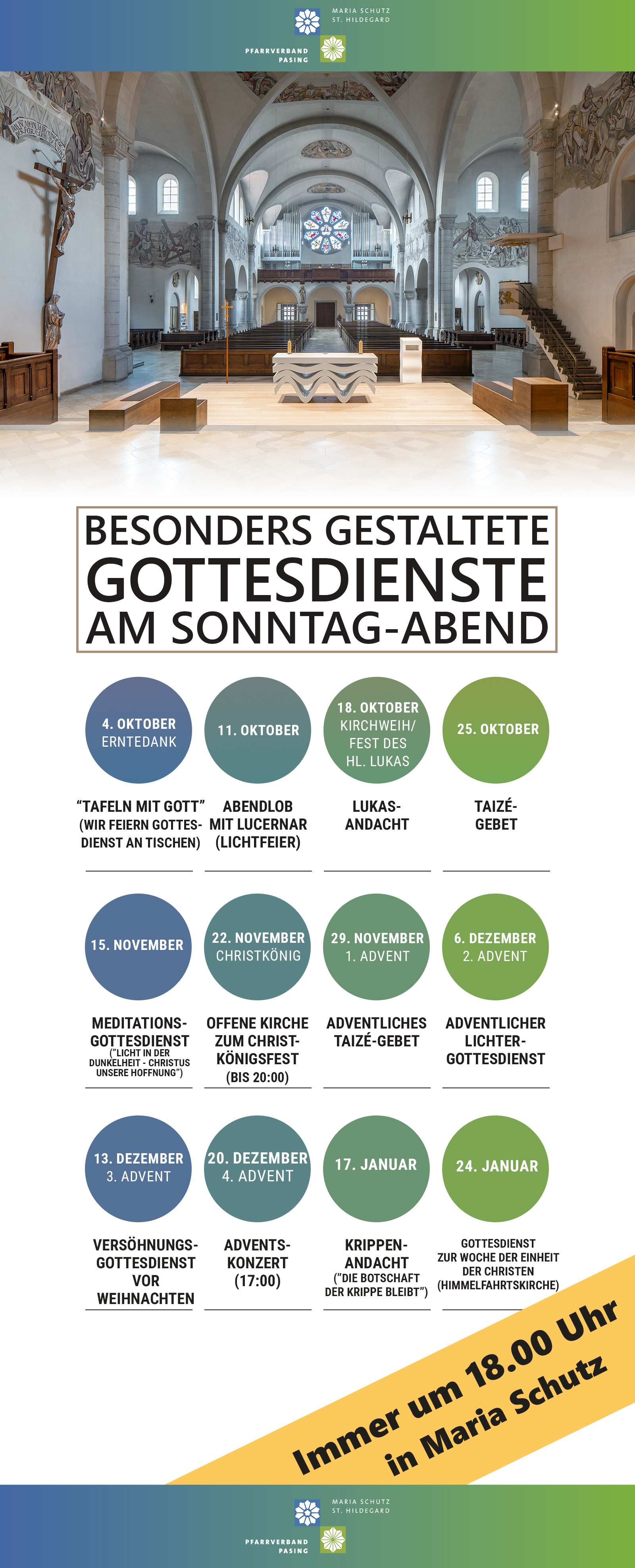 Plakat mit Hinweisen zu den speziellen Gottesdiensten am Sonntagabend