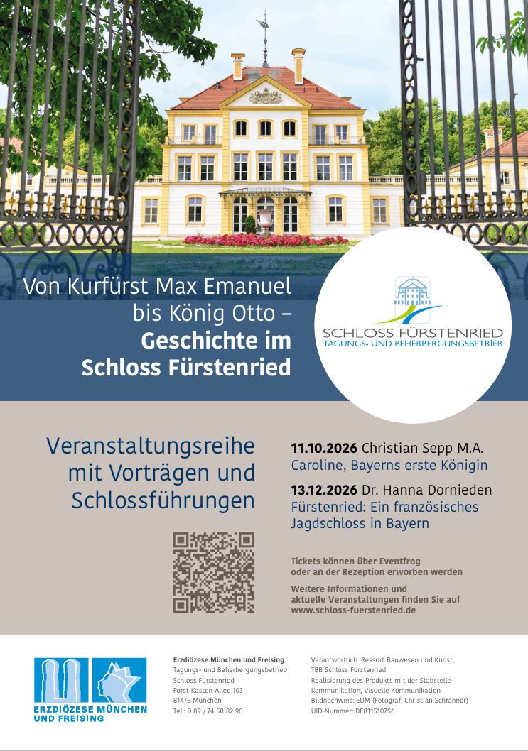 Plakat zur Veranstaltungsreihe "Geschichte in Schloss Fürstenried" vom September 2026