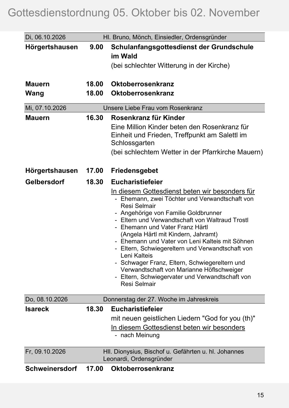 Pfarrblatt für die Pfarrverbände Hörgertshausen-Gammelsdorf und Mauern 05.Oktober bis 02.November 2026 Seite 15