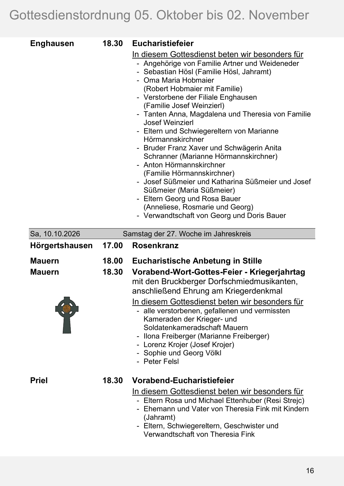 Pfarrblatt für die Pfarrverbände Hörgertshausen-Gammelsdorf und Mauern 05.Oktober bis 02.November 2026 Seite 16