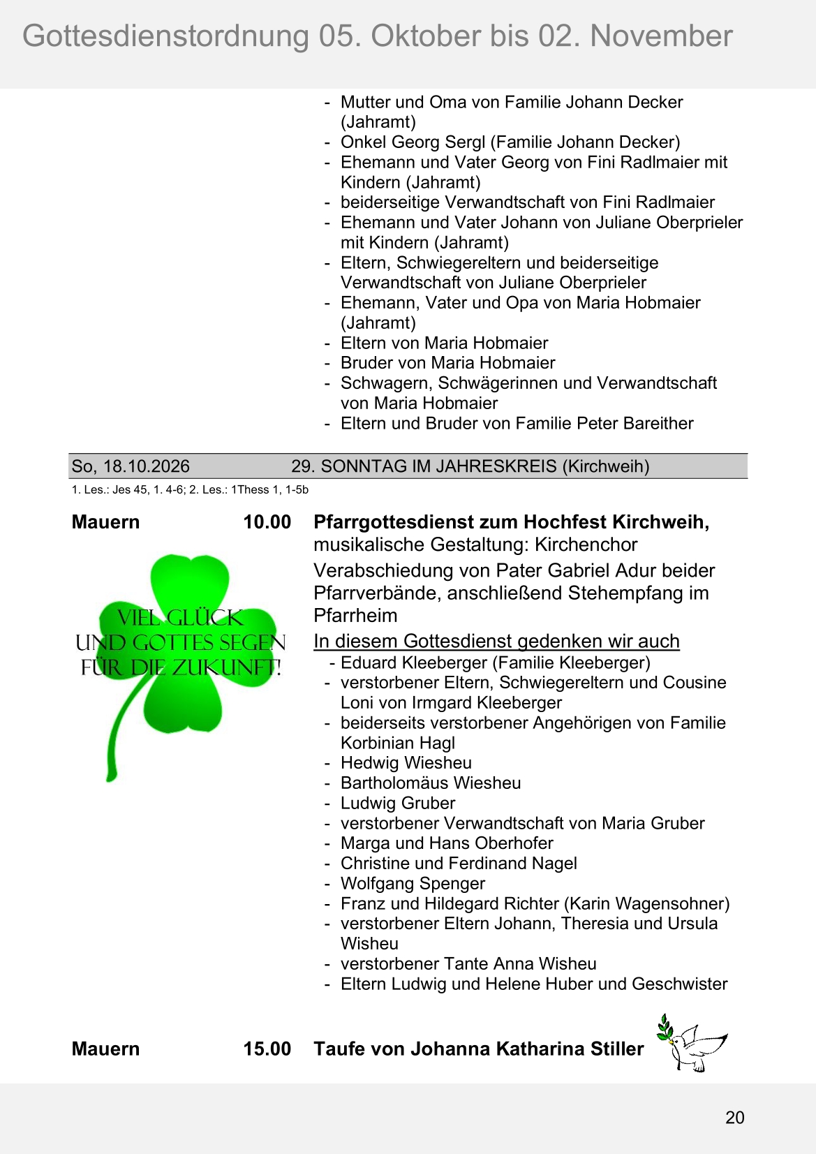 Pfarrblatt für die Pfarrverbände Hörgertshausen-Gammelsdorf und Mauern 05.Oktober bis 02.November 2026 Seite 20