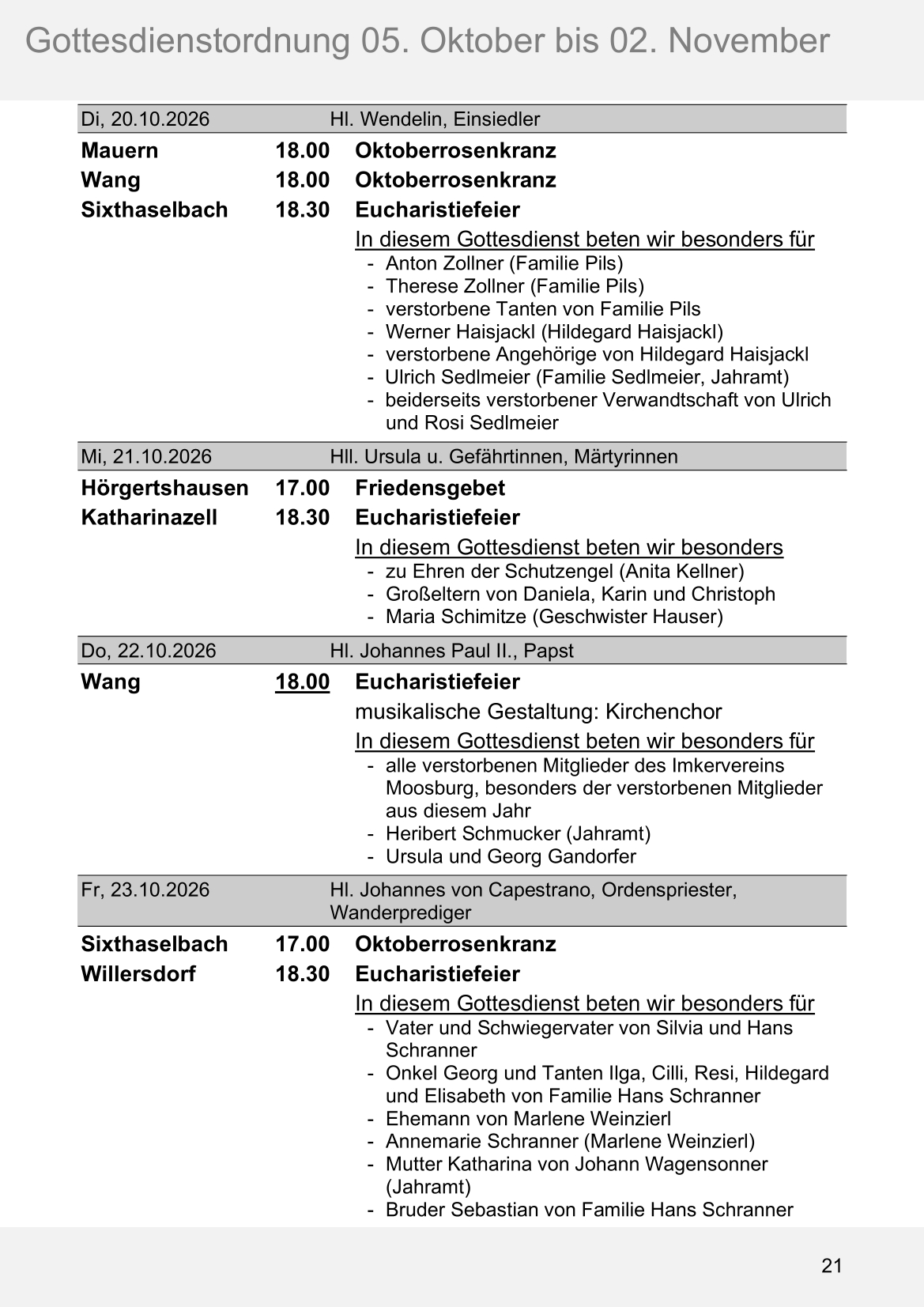 Pfarrblatt für die Pfarrverbände Hörgertshausen-Gammelsdorf und Mauern 05.Oktober bis 02.November 2026 Seite 21