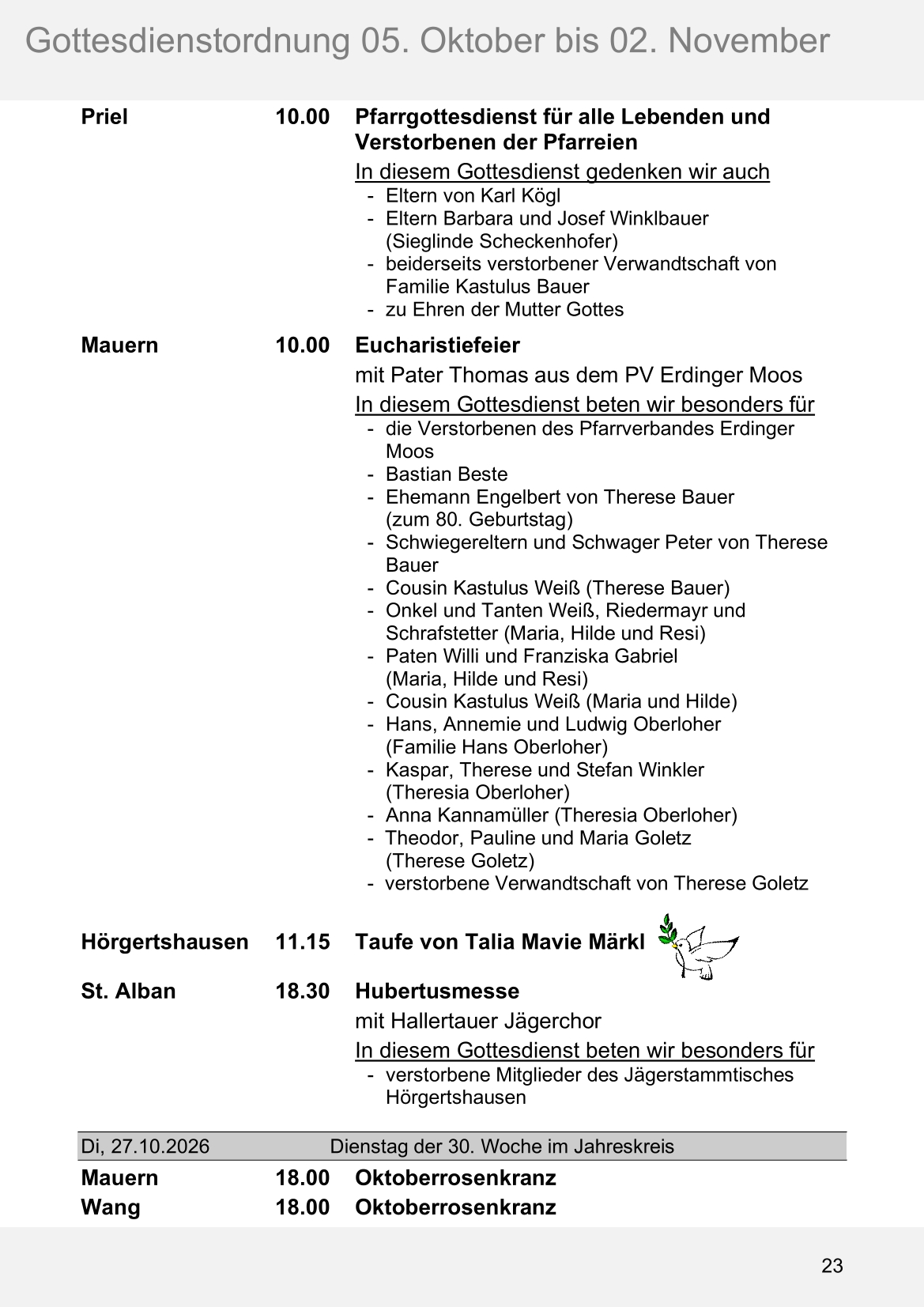Pfarrblatt für die Pfarrverbände Hörgertshausen-Gammelsdorf und Mauern 05.Oktober bis 02.November 2026 Seite 23