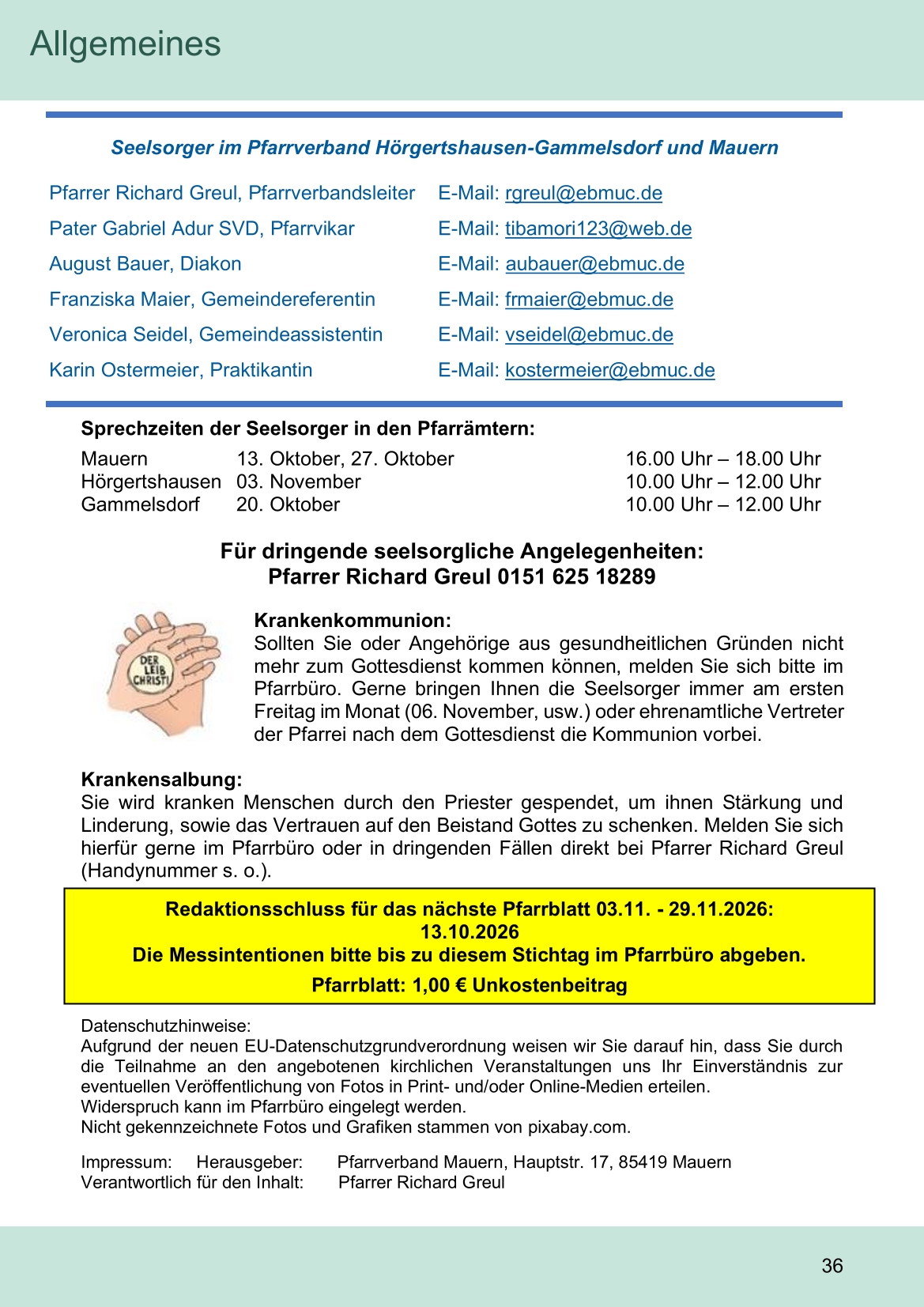 Pfarrblatt für die Pfarrverbände Hörgertshausen-Gammelsdorf und Mauern 05.Oktober bis 02.November 2026 Seite 36